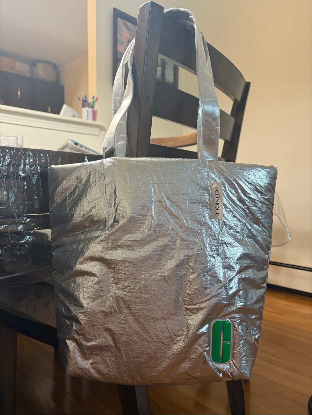 Clinique Silver Metallic Tote with Green Logo Accent